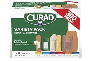 CURAD Assorted Bandages Variety Pack, 300 Count, 6 Styles Including Antibacterial, Waterproof, Sheer, Plastic, Heavy Duty & Flex-Fabric, Protects Scrapes, Cuts & Burns, Latex-Free