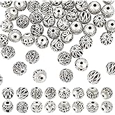 PH PandaHall 64pcs 10mm Jewelry Round Bead 8 Styles Tibetan Style Alloy Beads Metal Craft Loose Bead Antique Silver Ball Spacer Bead for DIY Bracelet Necklace Jewelry Crafts Making Handmade
