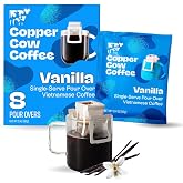 Copper Cow Coffee Vanilla, Vietnamese Pour Over, Dark Roast, 8 Single Serve | Real ground bean adds smooth aroma and rich chocolatey notes, while portable drippers make caf&eacute;-style brewing easy anywhere