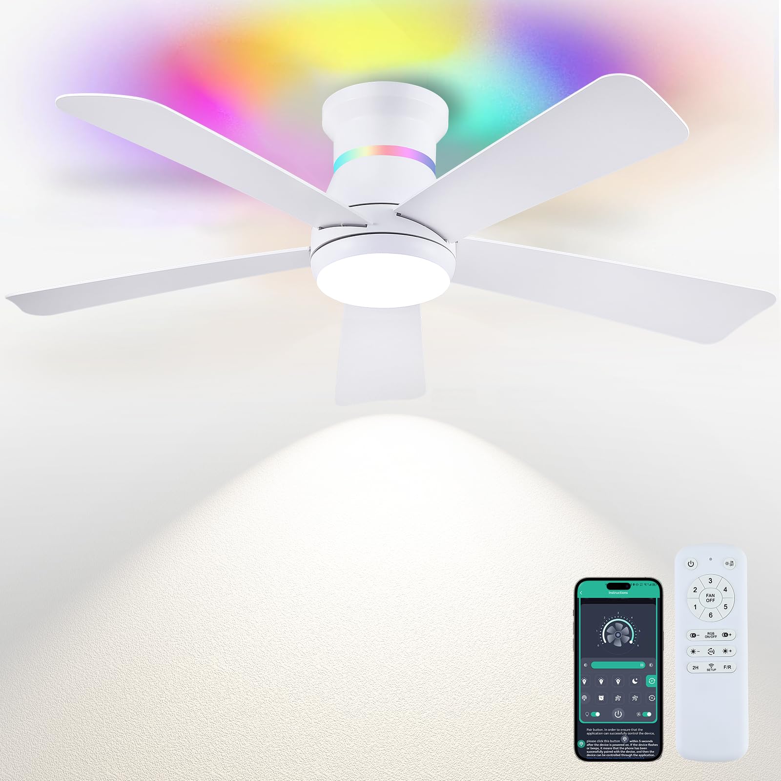 Photo 1 of Surtime 46" White Ceiling Fans with RGB Lights - Flush Mount Ceiling Fan Light with LED 3CCT Dimmable, Modern Low Profile Ceiling Fans for Indoor Party,Covered Outdoor