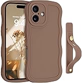 GUAGUA for iPhone 17 Case with Wrist Strap, Wavy Edge Phone Case Cute Curly Shape with Adjustable Wristband Kickstand Shockproof Anti Slip Phone Case for iPhone 17 6.3'', Brown
