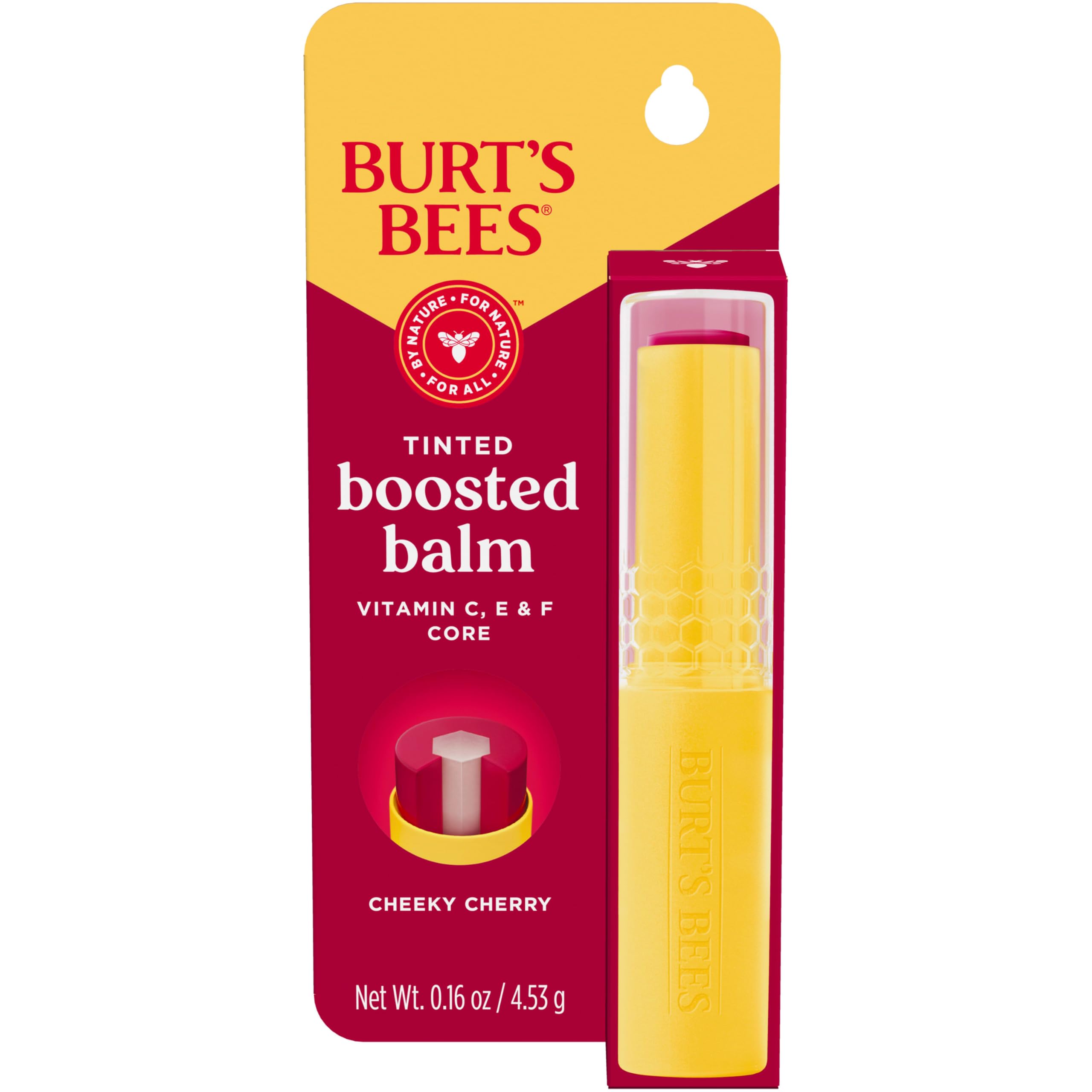 Burt’s Bees Stocking Stuffers, Tinted Boosted Balm, Cheeky Cherry, Hydrating Tinted Lip Balm, 24 Hour Lip Moisturizer with Responsibly Sourced Beeswax, 100% Natural Origin, 1 Count, 0.16oz