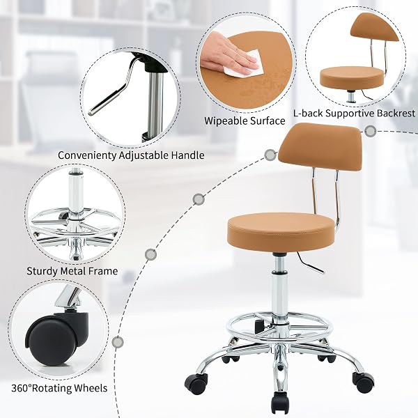 FIRAVOE ERGONOMIC DESK STOOL(STURDY ROLLING STOOL WITH BACK)(SWIVEL ARMLESS OFFICE CHAIR 19.5″-26.6″) ADJUSTABLE FOOTREST SALON CHAIR (CAMEL BROWN)