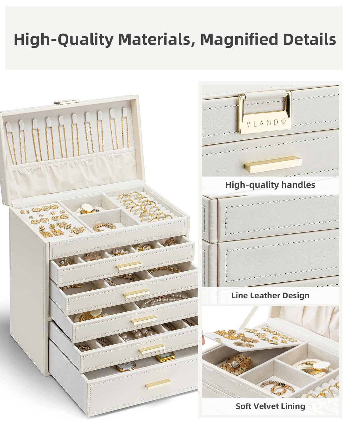 Vlando 6 Layer Large Jewelry Box - Jewelry Holder Organizer, Jewelry Box Organizer for Drawer Necklace Ring Bracelet and Watch, Birthday Gift for Loved Ones - Beige