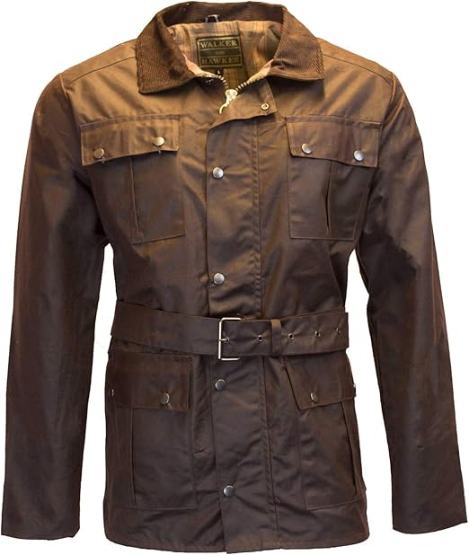 Walker & Hawkes - Mens Belted Waxed 4 Pocket Motorcycle Waterproof Jacket - Brown: Amazon.co.uk 