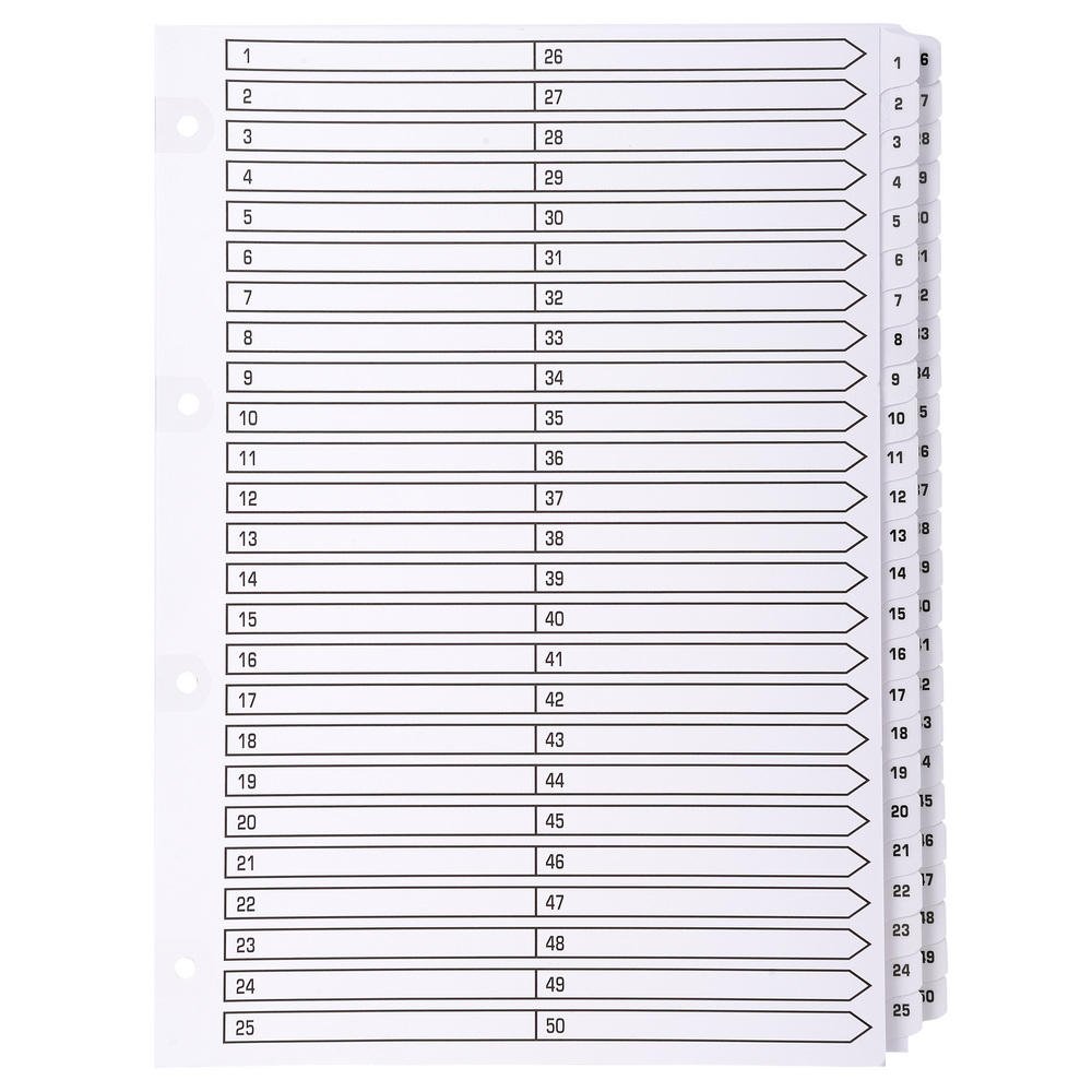 Exacompta - Ref MWD1-50Z - Mylar Printed Indices - For Use WithA4 Documents, Pre-Punched, 160gsm White Card with Reinforced Plastic Tabs, FSC-Certified - 50-Part Dividers (1-50)