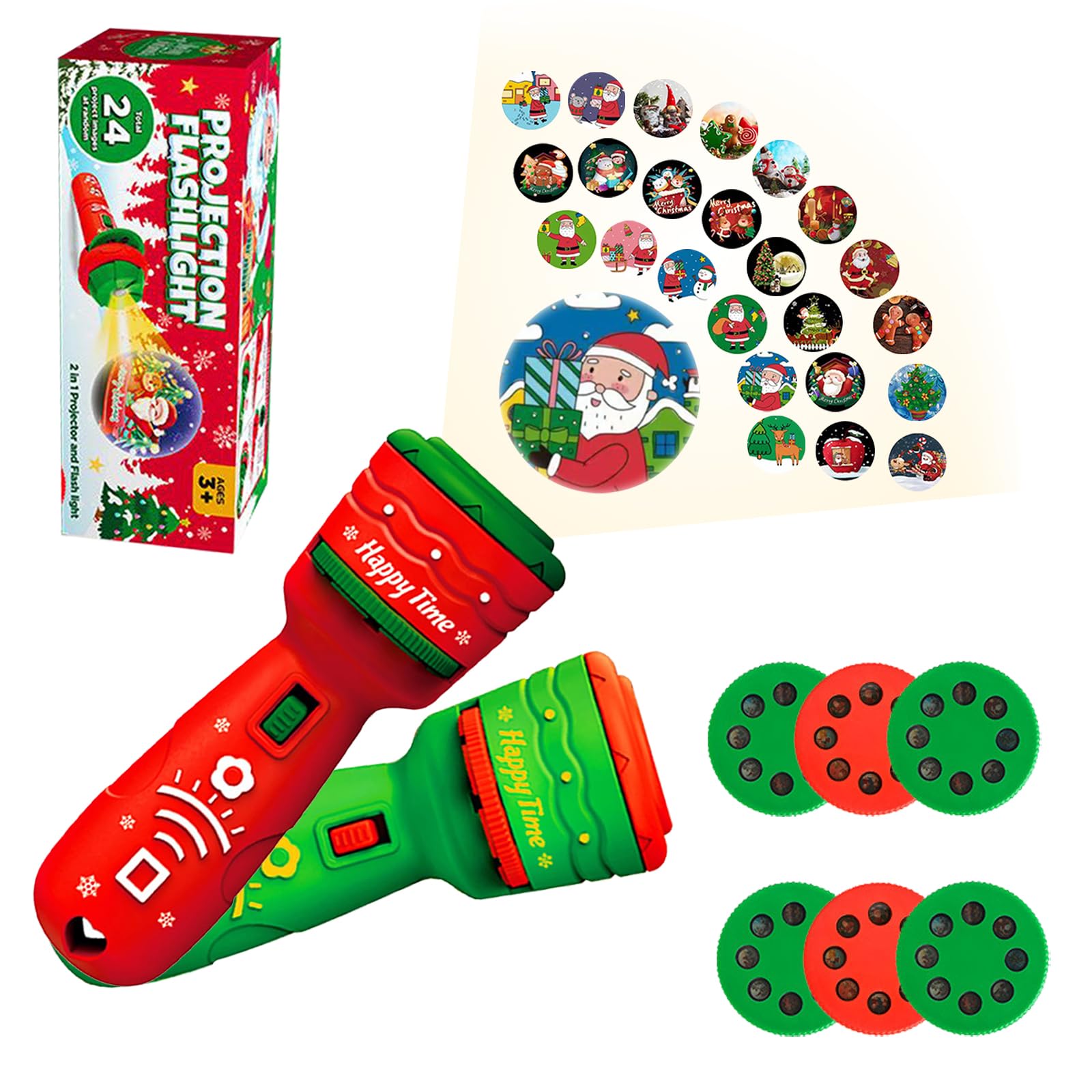 POPOYU 2Pcs Christmas Projector Torch for Kids,Christmas Slide ProjectorTorch with Realistic 24 Patterns Flashlight Projector,Kids Sleep Story Projector for Fun Xmas Stocking Eve Box Fillers