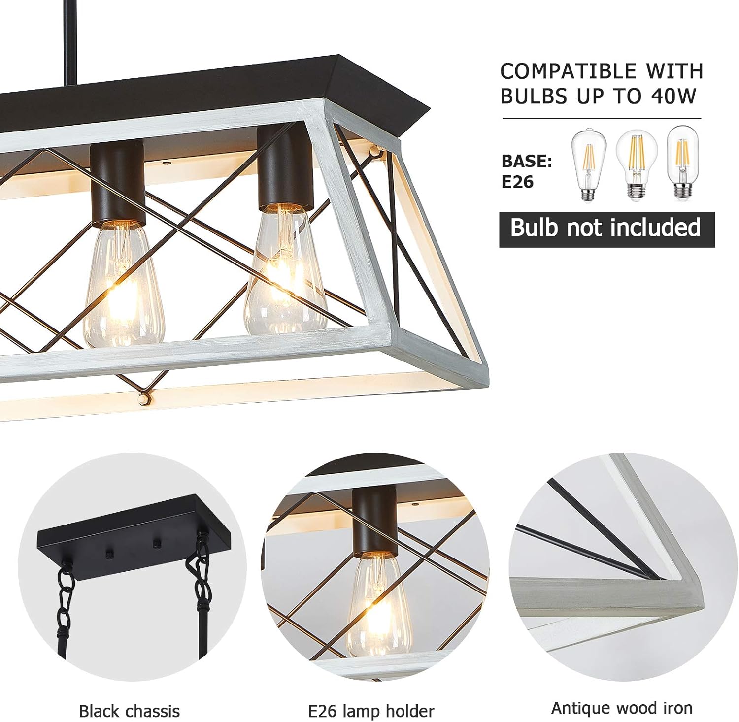 5-Light Farmhouse Kitchen Island Chandelier, Metal Linear Island Pendant Light Fixtures in White Finish for Dining, Living Room, Bar, Restaurants (White, 5-Light) - - 