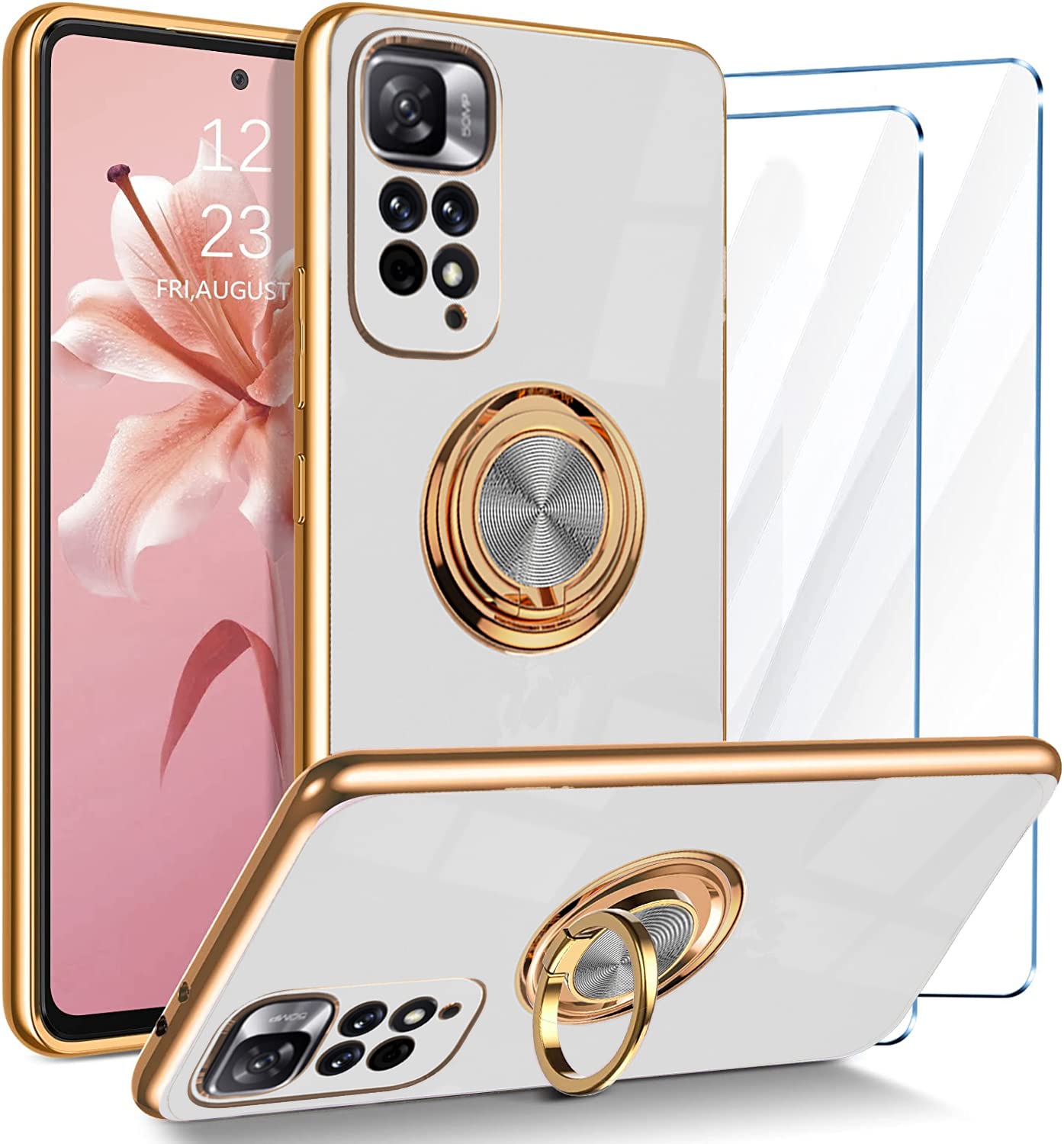 ATISIJIE Woman's Case for Xiaomi Redmi Note 11 Pro 4G/5G with 2 Screen Protector, Ring Holder Plating Edge 360° Kickstand Cover Slim TPU Silicone Shockproof Protective Phone Case White