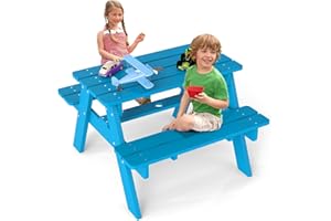FOOWIN Kids Picnic Table, HDPE All Weather Toddler Picnic Table, Kids Outdoor Table and Chair Set w/Umbrella Hole for Patio, Backyard, Garden, Lawn, Pacific Blue