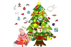 YOSTYLE Felt Christmas Tree for Kids Wall, Wall Hanging DIY Christmas Tree with Lights, DIY Lighted Felt Christmas Tree Set, Toddlers Felt 3D Christmas Tree Kit for Xmas Gifts Home Decoration (with Light)
