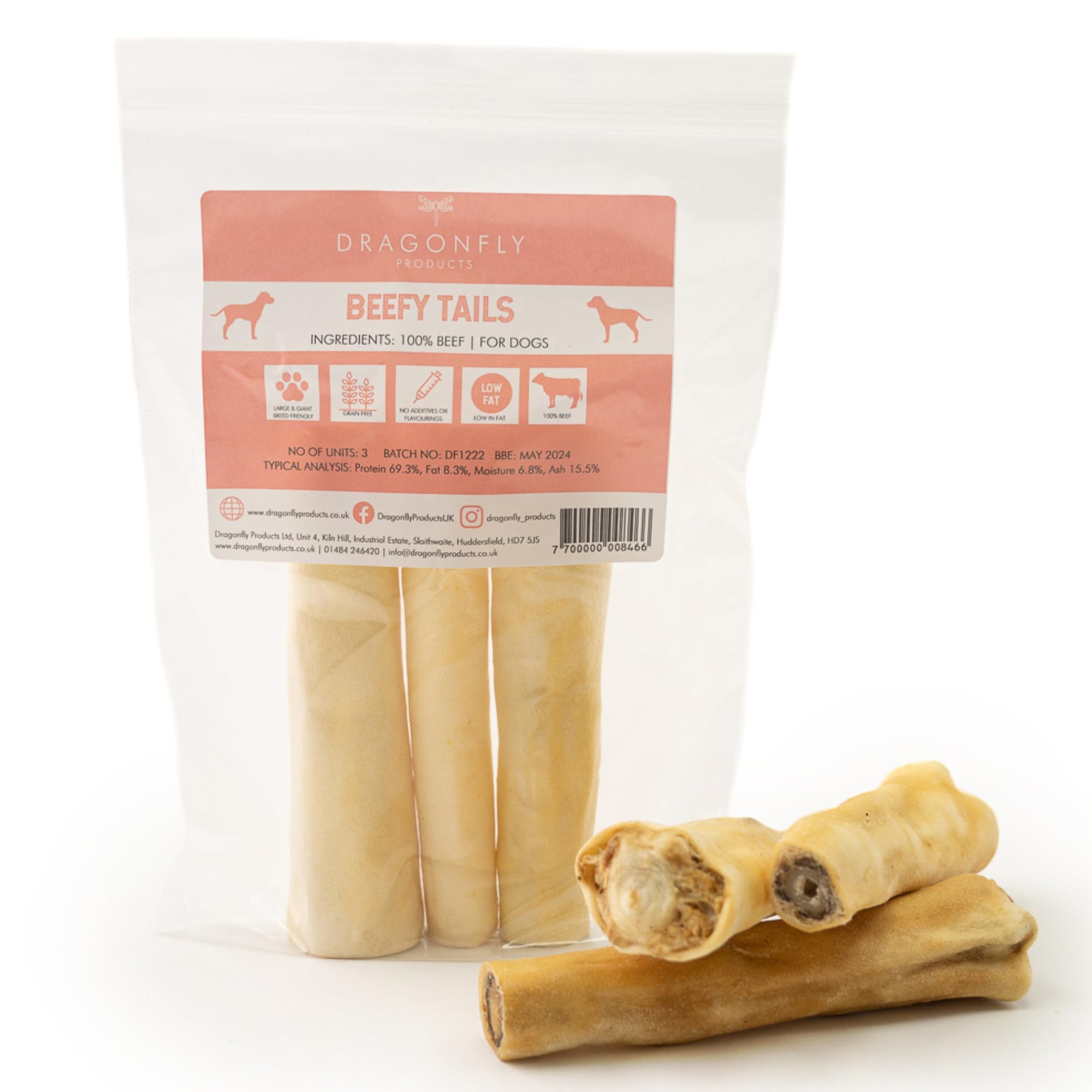 Dragonfly Products | Natural Beefy Tails | Long-Lasting, Grain-Free Beef Treats | Healthy, High Protein Chews for Dental Health | 100% Natural Beef - 3 pack