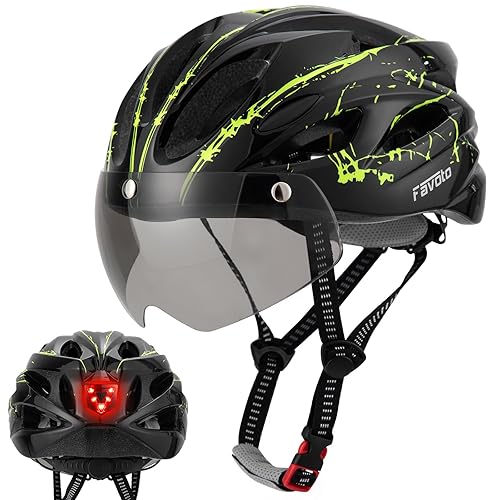 Favoto Bike Helmet with Light for Men & Women, Lightweight Bicycle Helmet with Magnetic Goggle, Rear LED Light, Removable Lining, Adjustable Size 59-61 cm, EPS In-Mould Technology Black Green