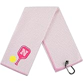 CybGene Embroidered Pickleball Towel, Funny Gift for Women, 16"x 24" Microfiber Towel, Pink, Initial N