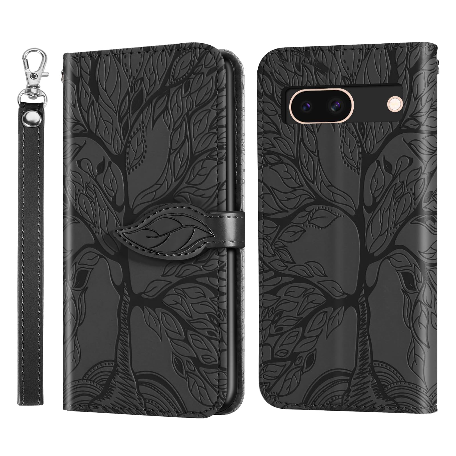 Rostsant Google Pixel 8a 5G Case Cover Embossed Tree PU Leather Magnetic Closure Protective Phone Case Card Slots Wallet Flip Case for Google 8 5G Black — image 1