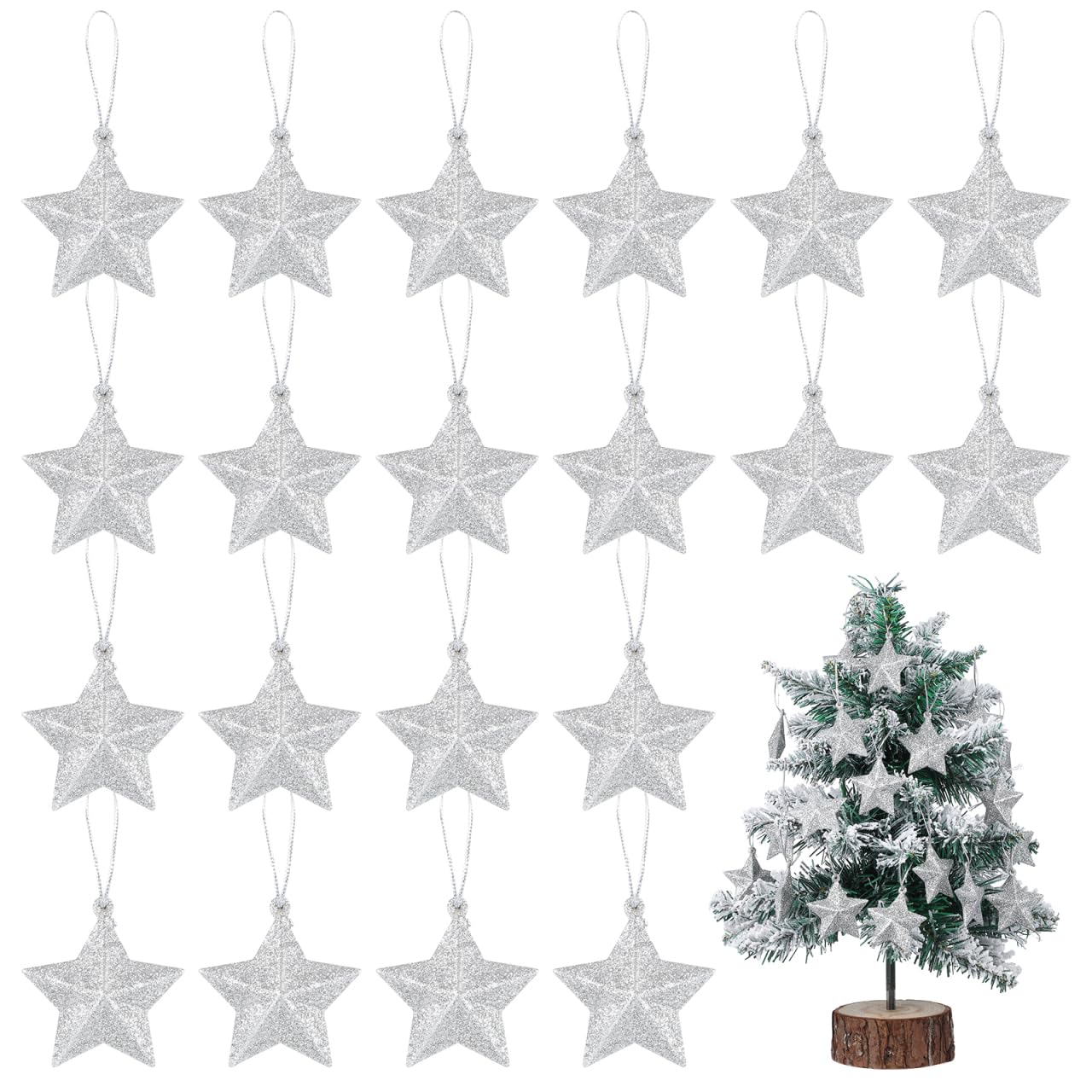 24Pcs Five-Pointed Star Christmas Tree Decorations Xmas Hanging Adornments Glitter Mini Pendants for Party and Home Festive Decor