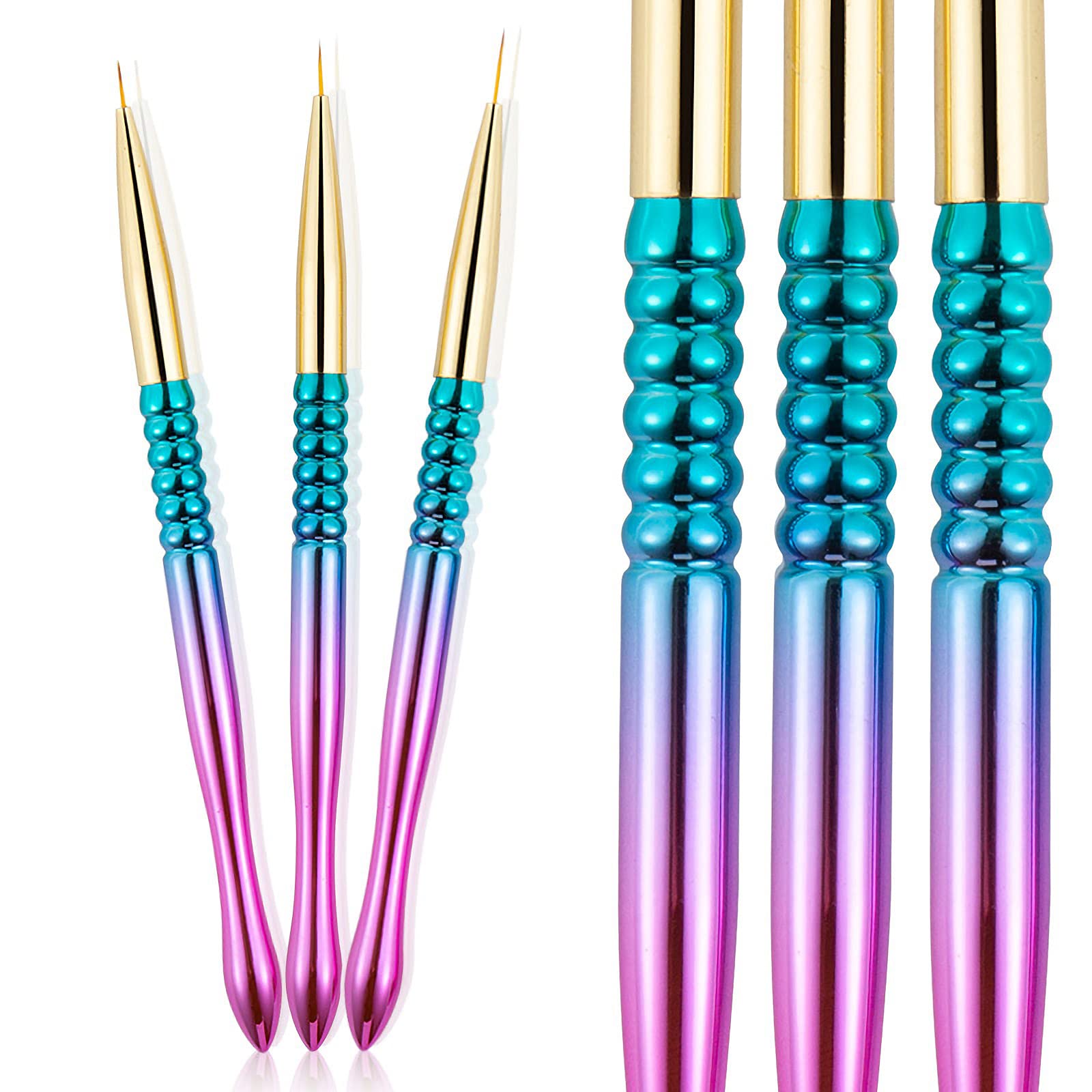 Fine Nail Art Brushes 3PCS with Gradient Colour Handle, 7/9/11mm Liner Painting Brush Kit Set Acrylic Nail Art Pen Thin Line Brush Nail Pen DIY Decoration Home Salon Design for Women Girls