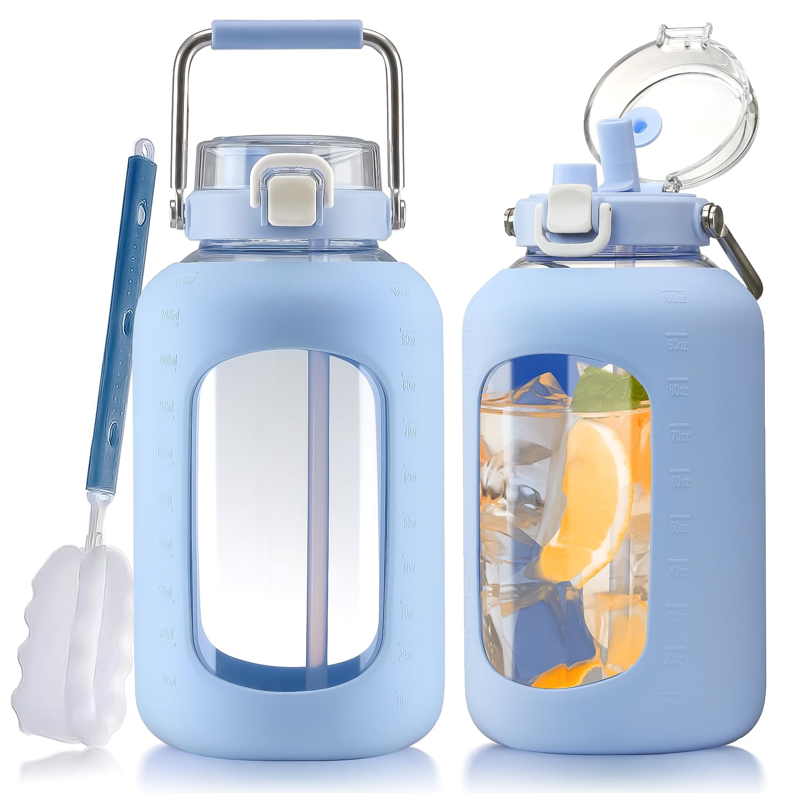 Photo 1 of WINSA Large Glass Water Bottles with Stainless Steel Handle,100 oz Gallon Drinking Bottle with 2-in-1 Straw Lid,3 Liter Glass Water Jug with Silicone Sleeve,Wide Mouth,Light Blue