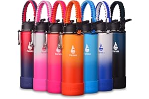 Farsea Insulated Water Bottle With Paracord Handle, Protective Silicone Boot and 2 Lids (Straw Lid & Spout Lid), Stainless Steel Water Bottle Wide Mouth, Double Wall Sweat-Proof BPA-Free, 24 oz