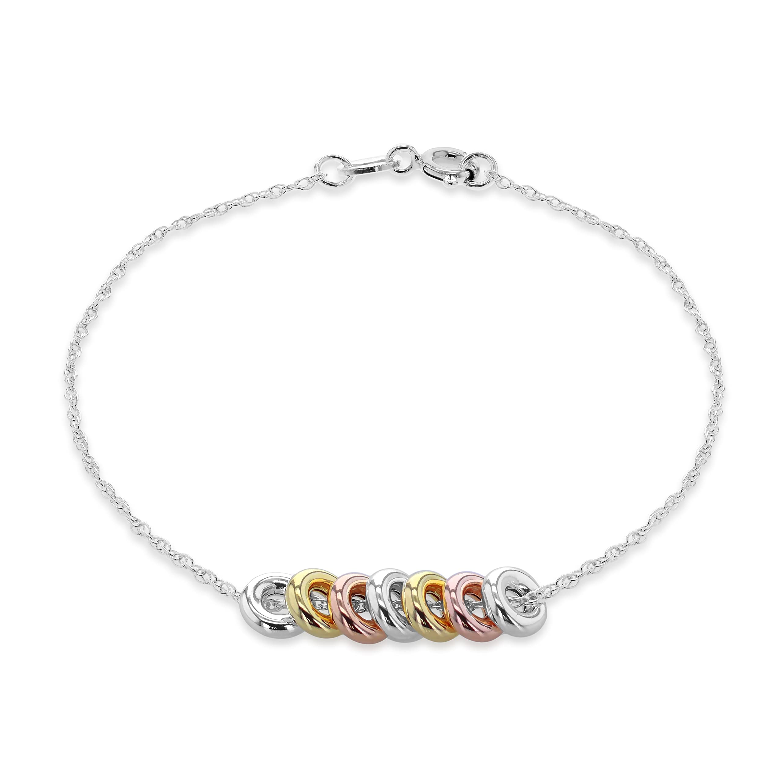 Tuscany Silver Women's Sterling Silver 3 Tone Lucky Rings on Prince of Wales Chain Bracelet of 19cm/7.5"