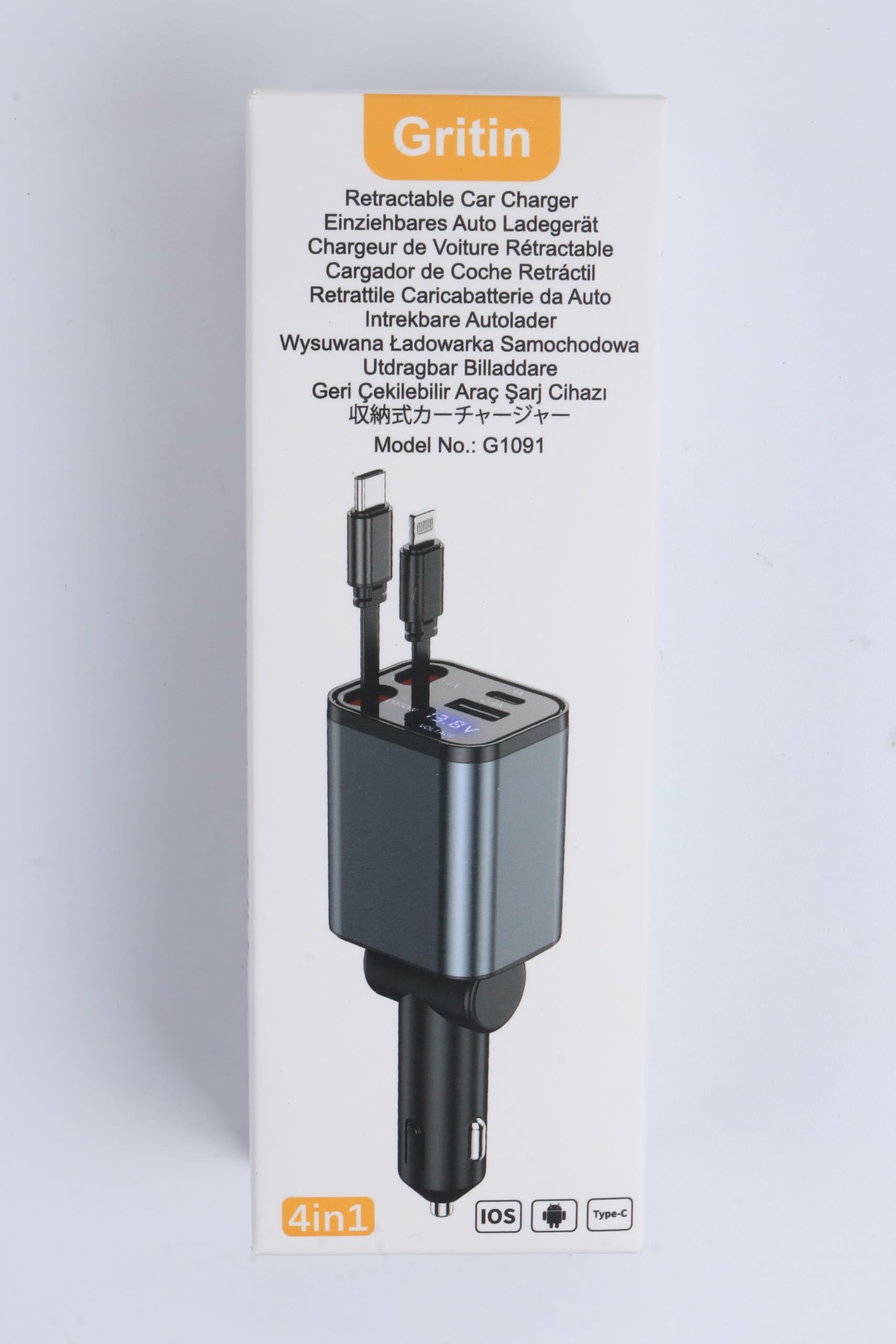 Gritin Retractable Car Charger, 69W Super Fast 4 in 1 USB C Car Charger Adapter with Smart Device-Adaptive Charging Technology&Instant Voltage Display, Accessories for iPhone17 16 Pro Max,iPad,Android