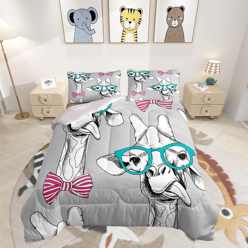 Loussiesd Giraffe Duvet Insert Single Size for girls motif giraffe cute animals quilted Set bed for children's room soft microfiber girls boys cartoon giraffe with 1 pillowcase
