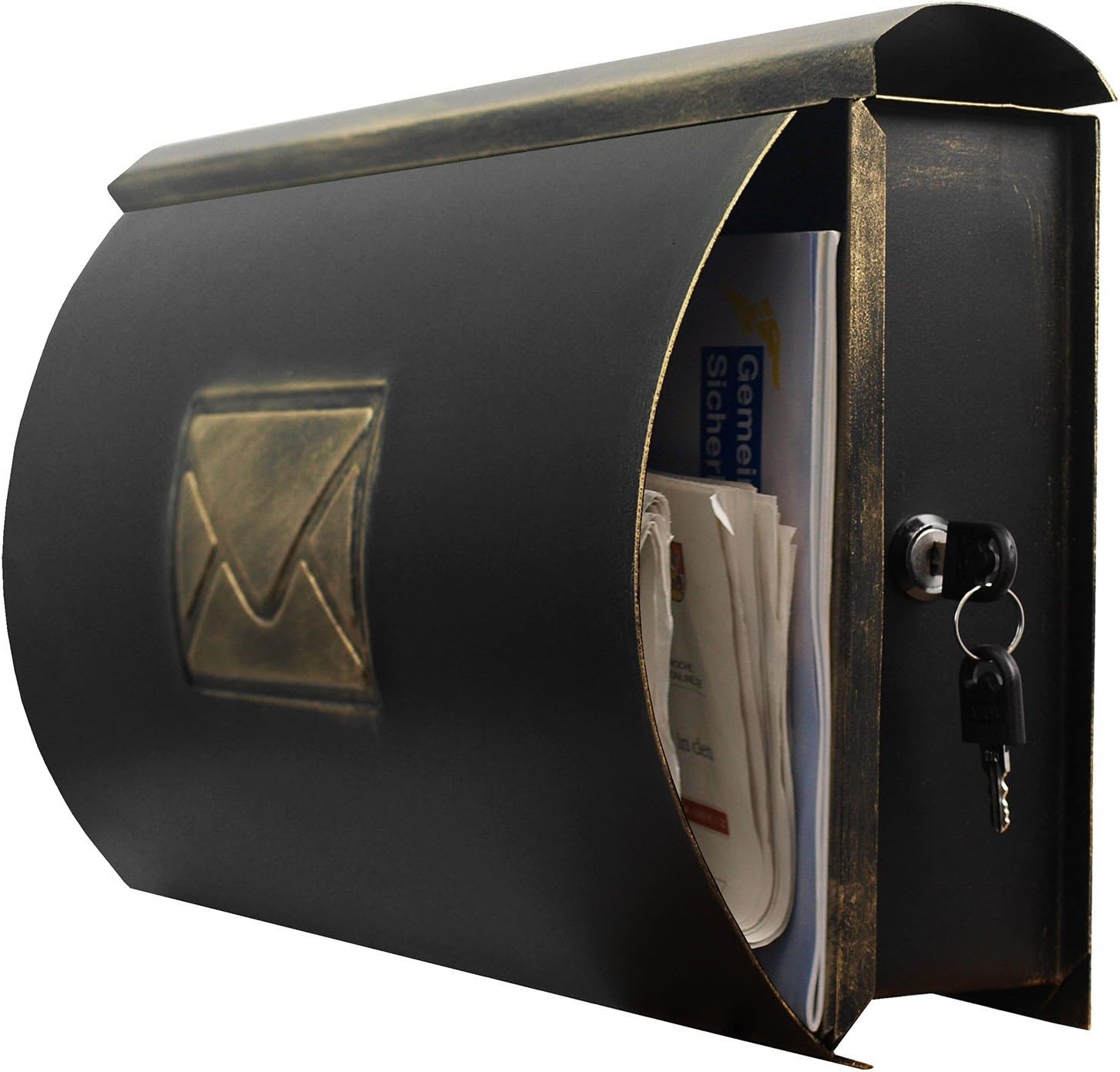 Wand Briefkasten Wandbriefkasten Postkasten Mailbox mit Zeitungsrolle Zeitungsfach Zeitungsbox/Gold