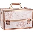 Joligrace Makeup Train Case Professional Cosmetic Organizer Aluminum Storage Box with 4 Adjustable Dividers Trays Lockable Portable with Shoulder Strap