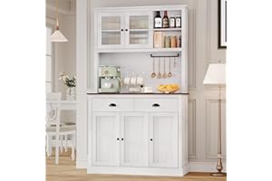 Garveehome Kitchen Pantry Storage Cabinet, 71" Tall Wood Pantry Cabinet with Microwave Stand, Modern Kitchen Hutch Cabinet, Coffee Bar Hutch with Wine Rack for Dining Room, Living Room, White