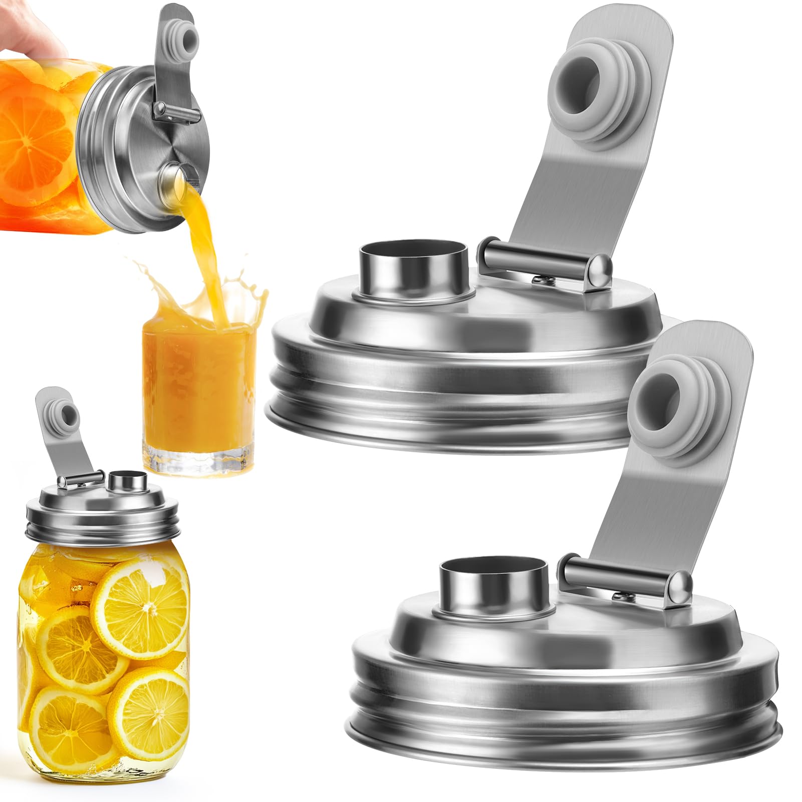 Photo 1 of Palksky Mason Jar Pour Spout Lid Stainless Steel, Wide Mouth Pour Spout Flip Cap Lids for Mason Jars, anticracking Leak Proof Seal Cover Airtight for Drinking Salad Dressing & Food Storing(2PCS)