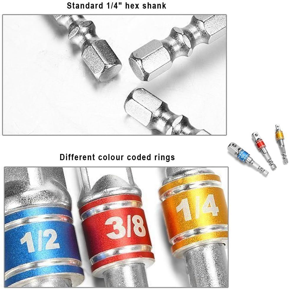Impact Grade Socket Adapter/Extension Set Turns Power Drill Into High Speed Nut Driver,1/4-Inch Hex Shank to Drive for Adapters to Use with Drill Chucks, Sizes 1/4" 3/8" 1/2", Cr-V, 3-Piece: Home Improvement