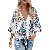 Bluetime Womens Summer Tops Boho 3/4 Sleeve V Neck Tie Front Shirts Casual Floral Blouses