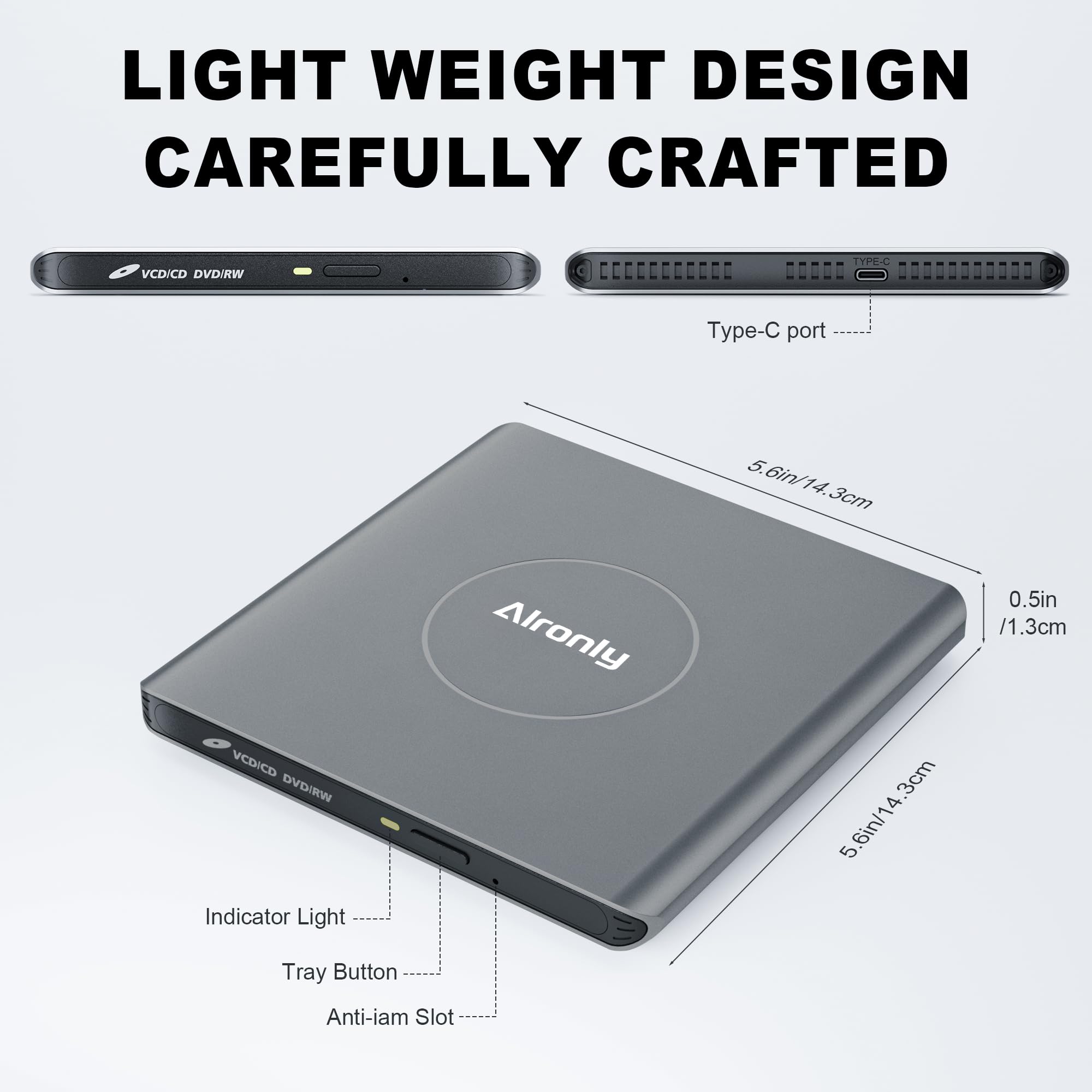 Alronly External CD/DVD Drive for Laptop/PC, USB 3.0 Type-C USB Portable Alloy Player for Computer CD DVD +/-RW Disk Drive CD Burner Writer Reader Compatible with Desktop Windows Apple Linux (F03)