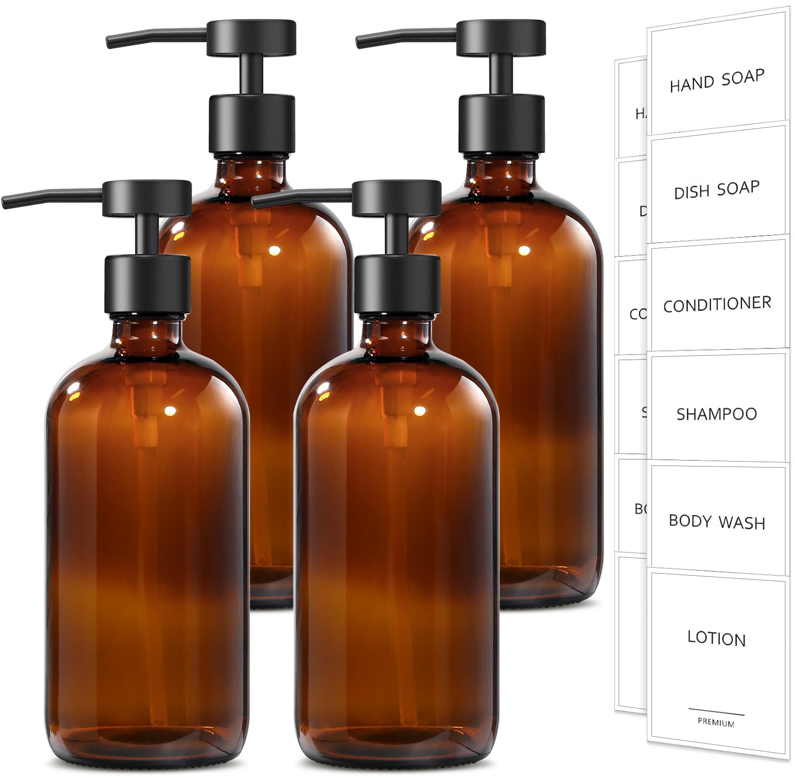 GMISUN Amber Glass Soap Dispenser, 4 Pack Bathroom Hand Soap Dispensers with Stainless Steel Flat Pump, 17 Fl Oz Kitchen Dish Soap Dispenser, Modern Vintage Liquid Brown Soap Dispensers Bottle Set Image