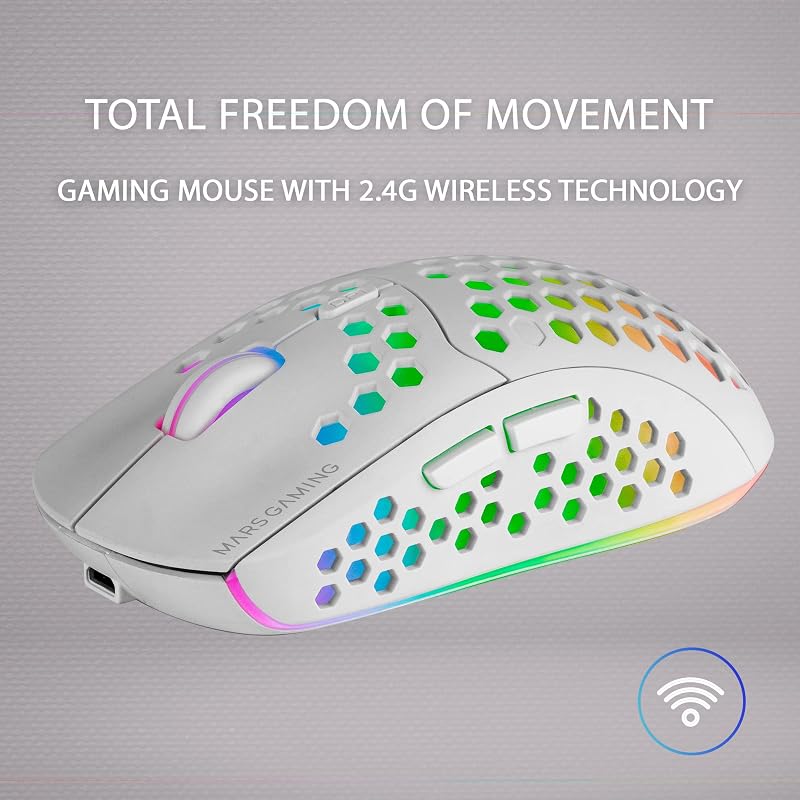 MMW3, Ratón Gaming Inalámbrico Ultraligero Hive, RGB Flow, Sensor 3200 dpi, Switches Mecánicos HUANO, Batería Recargable, 2.4G USB, Blanco