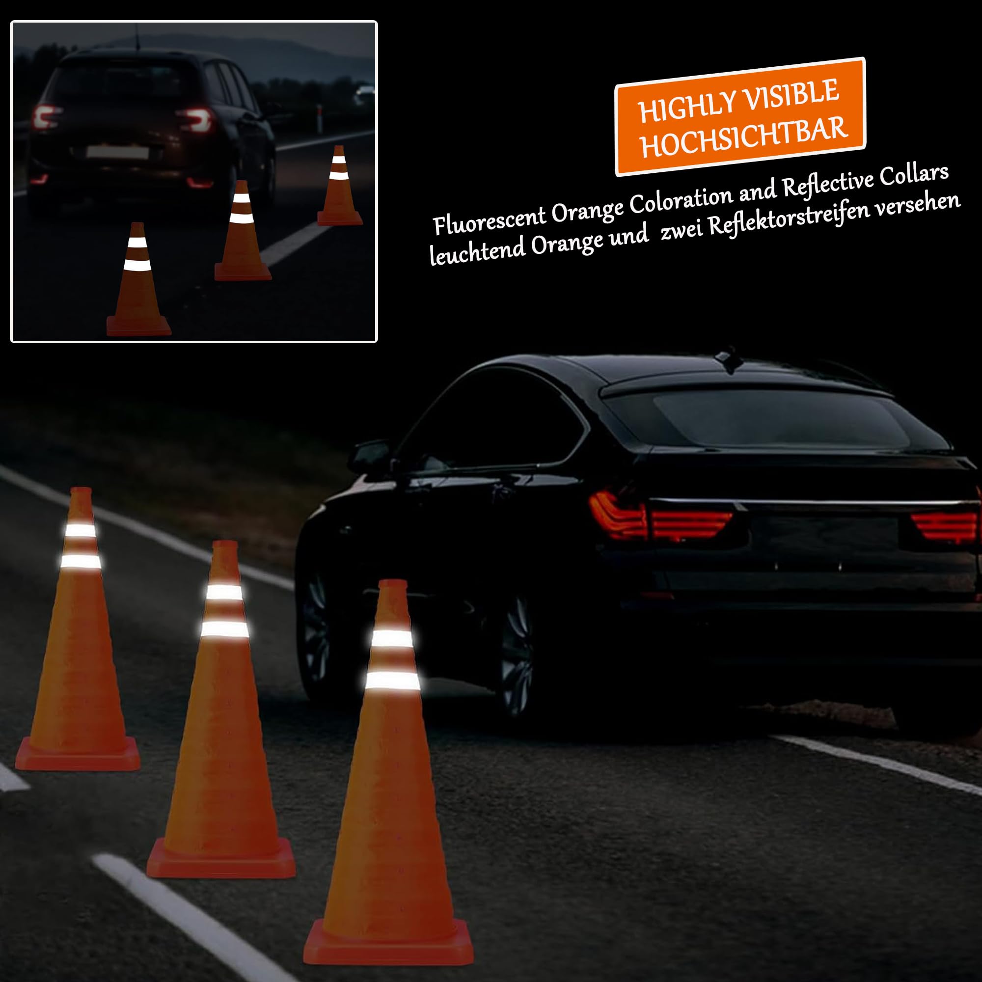 GUARDLEAD Warnkegel 4er Set, 70cm Reflektierender Verkehrskegel mit Warnleuchte, Orange Verkehrsleitkegel Pylone Faltbar, Faltbar Leitkegel für Straße Sicherheit (4, 70cm) 3