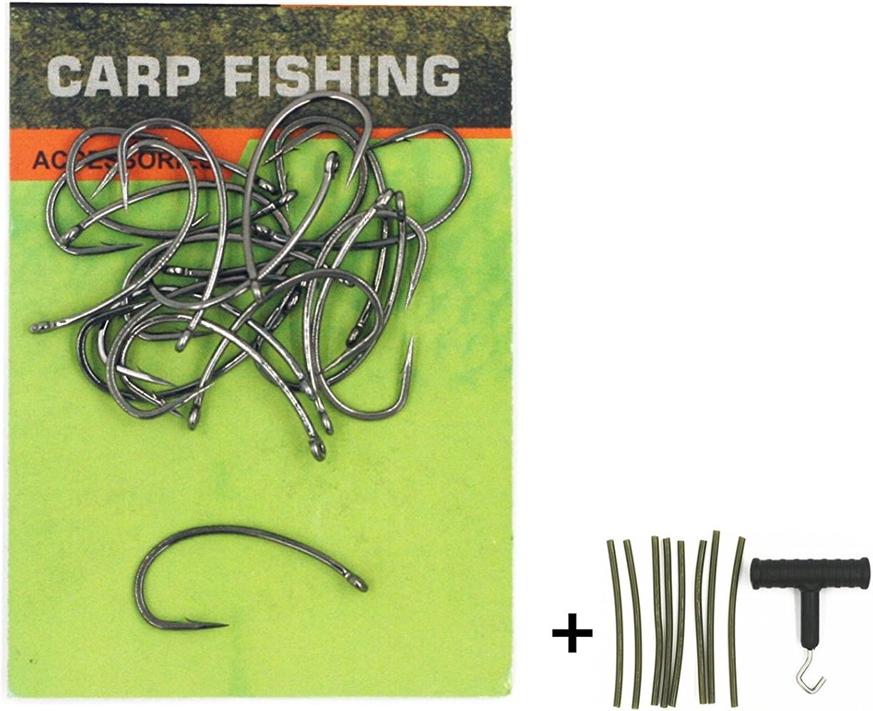 Carp Fishing Curve Shank Barbed Hooks with Rubbers Tubes and Knot