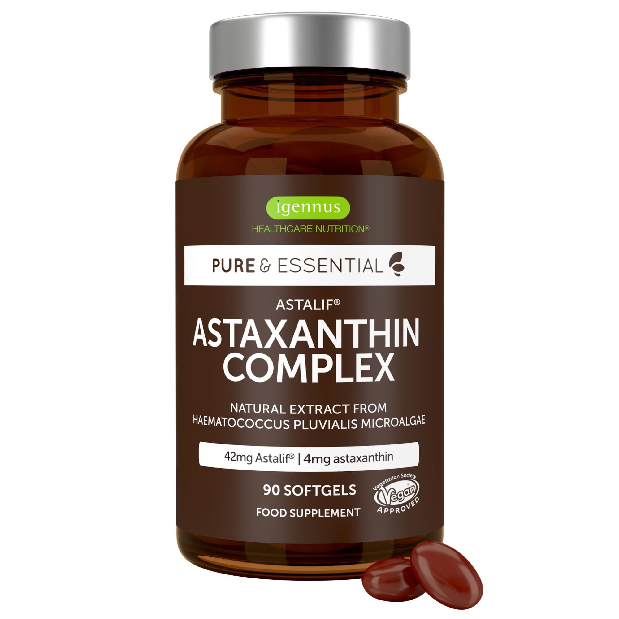 Igennus Astaxanthin Complex, 42mg Microalgae Complex Oil Providing 4mg H. Pluvialis Astaxanthin, 90 Vegan Softgels