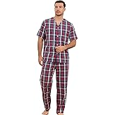 Vulcanodon 100% Cotton Mens Pajamas Set, Lightweight Button Up Mens Sleepwear