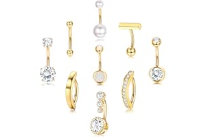 Thunaraz 9 Pcs Gold Belly Button Ring Surgical Stainless Steel Belly Rings CZ Opal Pearl Belly Button Ring Clicker Belly Pier