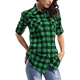 OCHENTA Women's Roll Up Sleeve Button Down Plaid Flannel Shirt Fall Casual Tops
