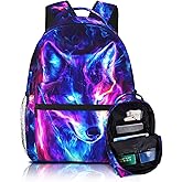 Cool Blue Perple Space Galaxy Wolf Backpack School Bag For Kids Girls Boys Middle Animal Print Lightweight Full Print School Bookbag For Teens Child Back Kindergarten Elementary Travel Rucksack