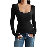 Women Lace Trim Long Sleeve Tops Casual Slim Fit T-Shirt U Neck Ribbed Knit Shirts Fall Trendy Going Out Basic Tee