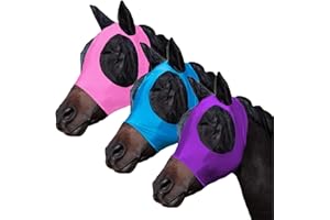 FOXLVDA 3 Pcs Horse Fly Mask - Fly Masks for Horses with Ears, Fashionable and Breathable Stretch Fabric with UV & Sun Protection for Average Size Horses (Pink-Purple-Blue)