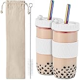 Amyoole 2 Pack Reusable Boba Cup,24Oz Wide Mouth Smoothie Cup,mason Jar Glass Cups with Lids and Straws,Bubble/Boba Tea Cups,Ice Coffee Tumbler 2 colored straws 1 sponge brush(White)