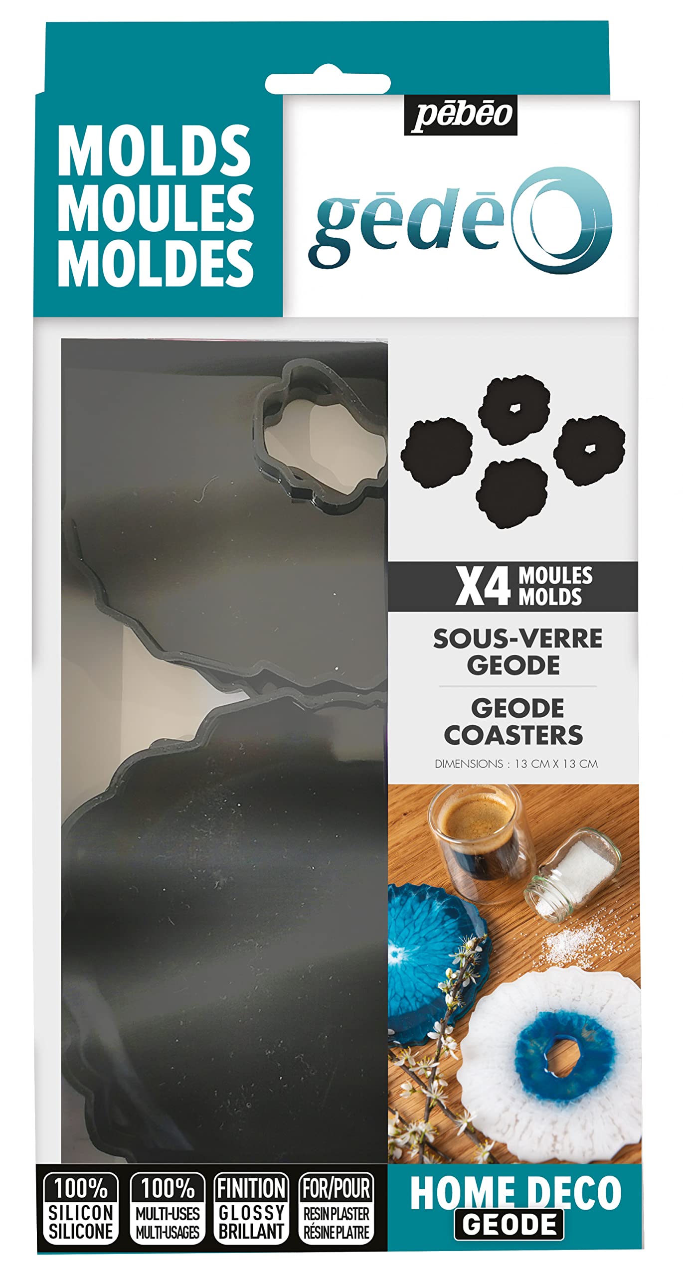 Pebeo Gedeo 4 Silicon Epoxy Resin Moulds for Coasters and Underglasses, White, 3x9x13cm