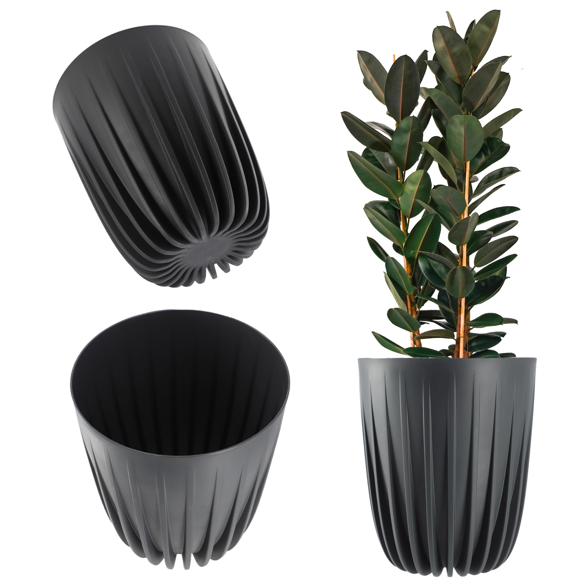 KADAX Plastic flower pot with natural materials, modern plant pots, plant pot with geometric pattern, round flower pot with insert, natural flower pot, high planter (diameter 14.5 cm, anthracite)