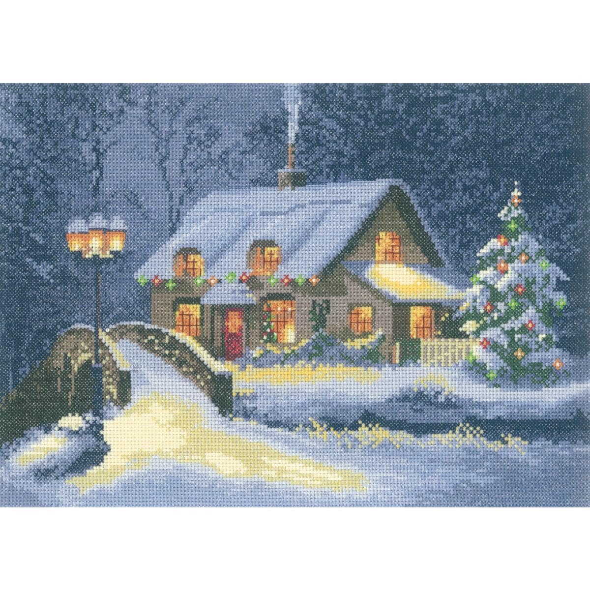 Heritage Crafts Cross Stitch Kit - Christmas Cottage - 28 Count Evenweave