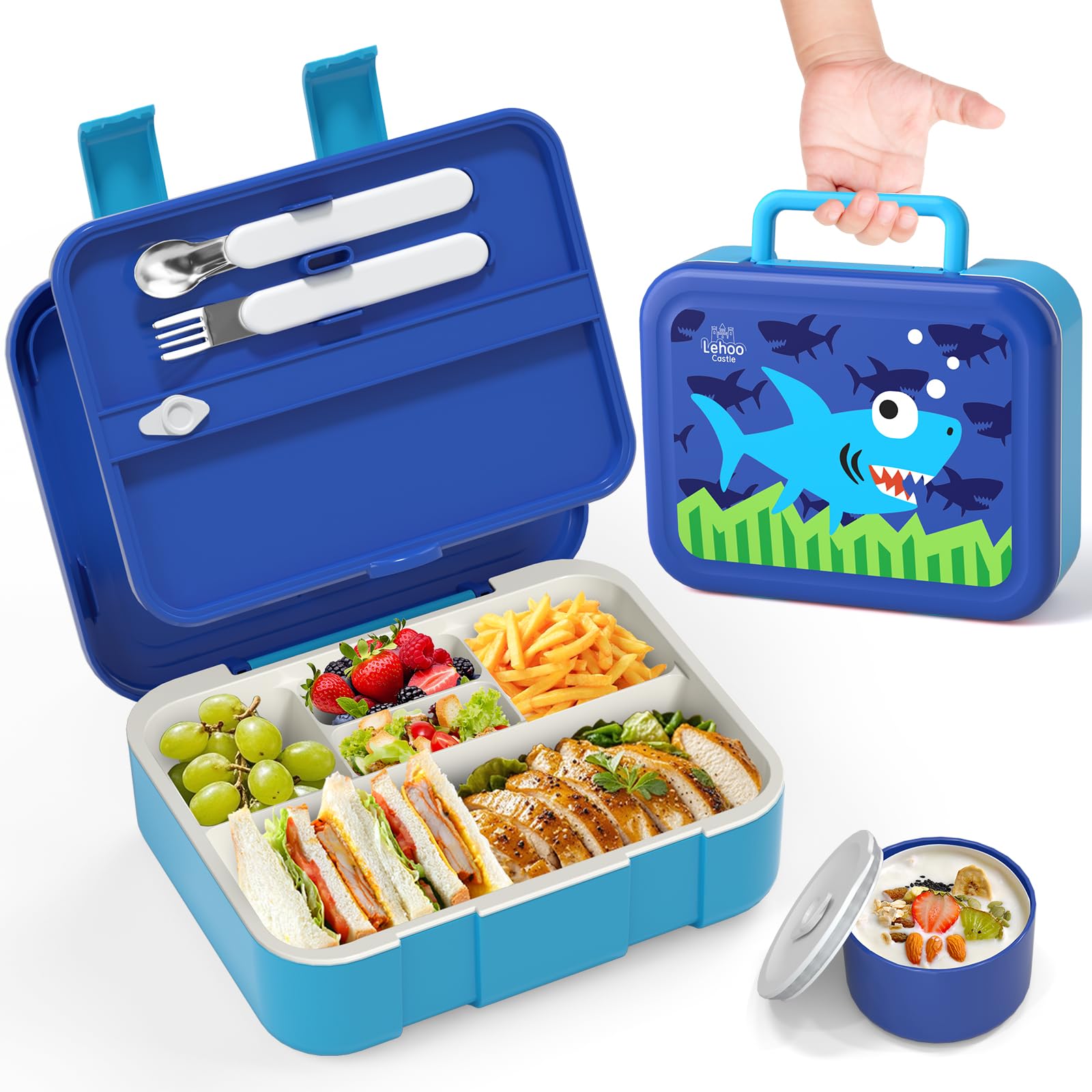 Lehoo Castle Bento Lunch Box for Kids, 1250ml Lunchbox with 5 Compartments, Boys Girls Lunch Containers with Spoon&Fork, Sauce Jar, Leakproof, BPA-Free(Shark)