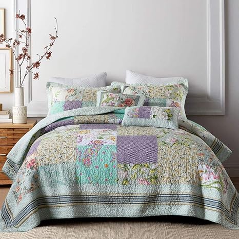 Amazon Com 100 Cotton Quilt Sets Patchwork Vintage Plaid Green Floral Garden Grid With Real Stitched Embroidery Bed Cover Bedspread 3 Pcs Coverlet Set With 2 Pillow Shams Reversible Quilted Throw Blanket King